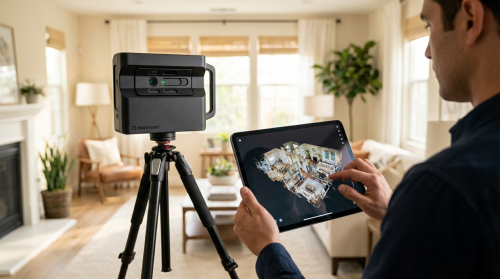 3D scanner on a tripod in a living room