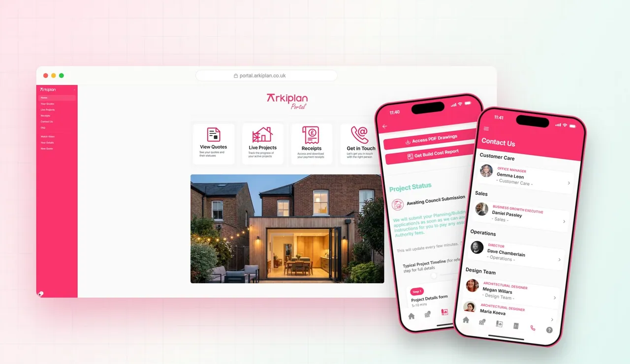 The Arkiplan client portal shown on desktop and mobile — quotes, live projects, receipts and contacts