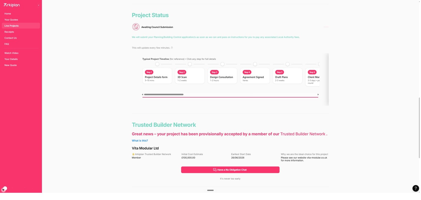 A live project status screen with a stage-by-stage project timeline